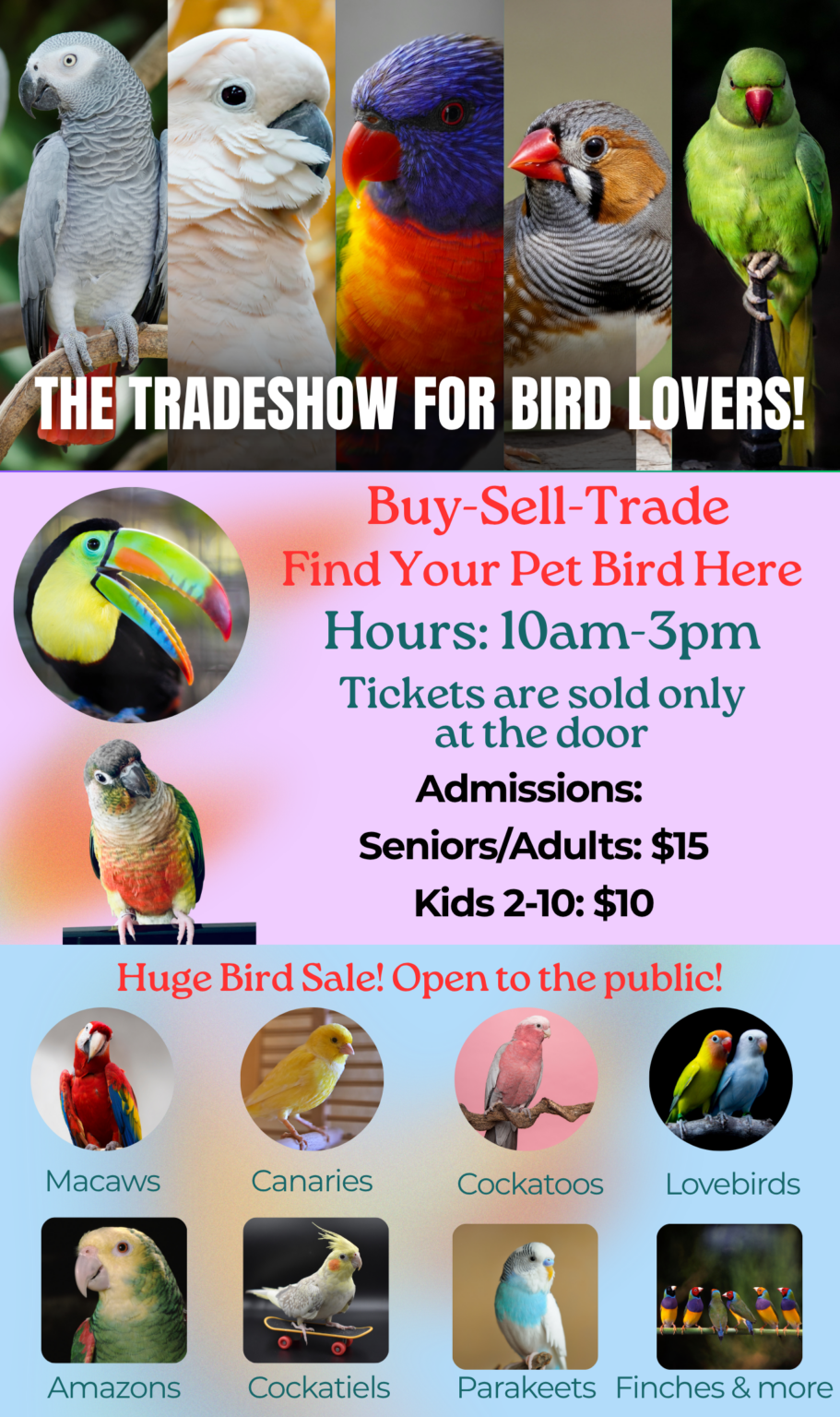 The Trade show for Bird Lovers buy sell trade
hours 10am-3pm Tickets are sold at the door only admissions seniors/adults $15 kids 2-10 $10 huge bird sale open to the public Macaws canaries cockatiels cockatoos, lovebirds, amazons parakeets lovebirds